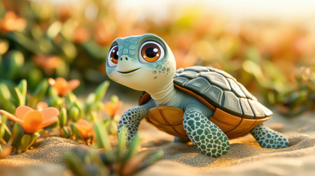This charming cartoon turtle enjoys a sunlit day among vibrant flowers, evoking a sense of adventure and joy in a colorful, peaceful environment.の素材