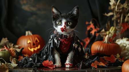 A playful cat dressed in a Halloween costume sits among pumpkins and autumn leaves, creating a whimsical and spooky atmosphere perfect for seasonal decor.の素材