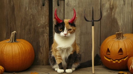A playful cat wearing devil horns sits amid Halloween pumpkins, showcasing a charming Halloween spirit. Perfect for festive autumn projects.の素材