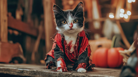 A whimsical Halloween cat dressed in a blood-stained costume, surrounded by pumpkins and an eerie backdrop, perfect for festive themes and humorous content.の素材