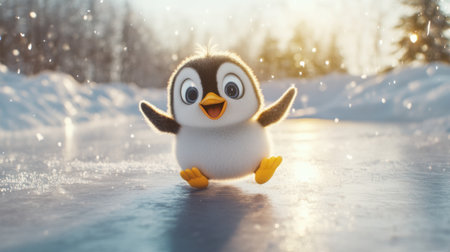 A cheerful young penguin joyfully dances on ice in a beautiful winter landscape, surrounded by gentle snowflakes. Perfect for winter-themed projects.の素材