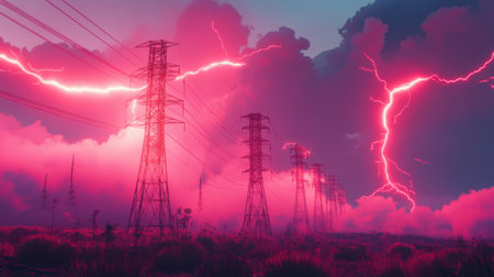 Stunning image featuring high voltage towers illuminated by intense lightning against a dramatic pink and purple cloud backdrop. Captures the power of nature.の素材