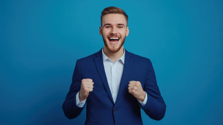 A young man in a blue suit expresses joy and success with a big smile and raised fists. Perfect for themes of celebration and positivity in business.の素材