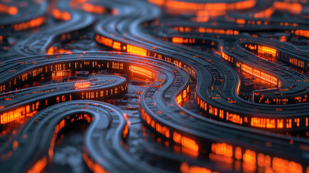 This abstract image showcases a mesmerizing flow of illuminated curves against a dark background, creating a vibrant and dynamic visual experience.の素材