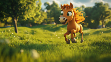 A cheerful cartoon horse gallops through a vibrant green field, radiating joy and playfulness. This lively scene captures the essence of natureの素材