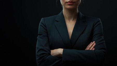 A confident businesswoman in a dark suit stands with her arms crossed, conveying strength and professionalism against a black background, embodying leadership and determination.の素材