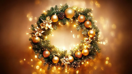 Beautiful Christmas wreath adorned with golden ornaments and sparkling lights, creating a warm and festive atmosphere for holiday celebrations.の素材