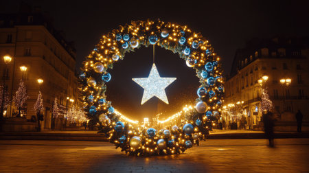 A beautiful Christmas decoration featuring a glowing star amidst a wreath of blue and gold ornaments, set in a charming urban evening scene.の素材