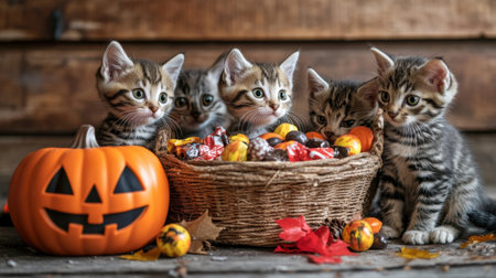 Five playful kittens gather around a basket of candy and a spooky pumpkin, capturing the fun and charm of Halloween festivities. Perfect for seasonal themes.の素材
