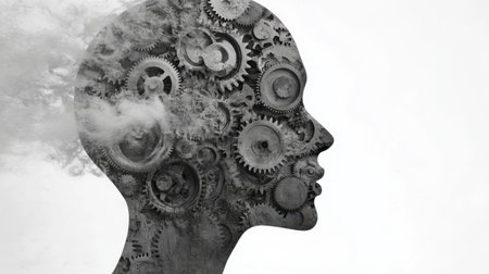 Abstract representation of a mind filled with gears and smoke, symbolizing creativity and innovation in thought processes and technology.の素材