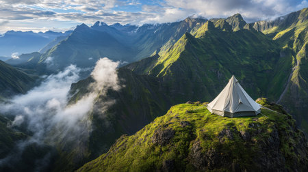 A serene mountain landscape featuring a tent on a vibrant green hill. Majestic peaks and soft clouds create a tranquil setting for outdoor adventure.の素材