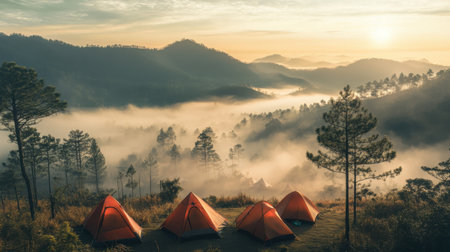 Experience the tranquility of a serene mountain camping scene, where vibrant tents are nestled amidst breathtaking misty valleys at dawn. Perfect for nature lovers.の素材
