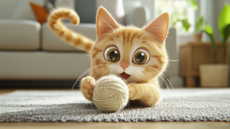 A charming ginger cat with large eyes joyfully plays with a yarn ball, capturing a playful moment in a cozy home setting. Perfect for animal lovers.の素材