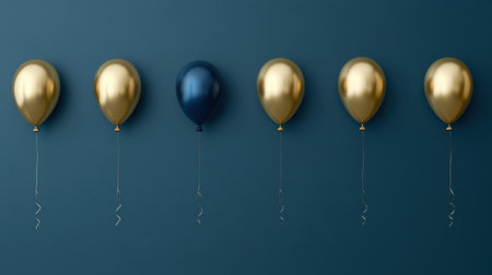 A collection of elegant balloons in gold and blue hanging against a dark wall, perfect for various festive occasions and celebrations.の素材