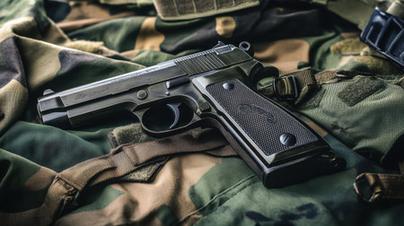 A close-up image of a handgun resting on camouflage fabric, showcasing the intricate design and craftsmanship involved in modern firearms. Ideal for military and tactical themes.の素材