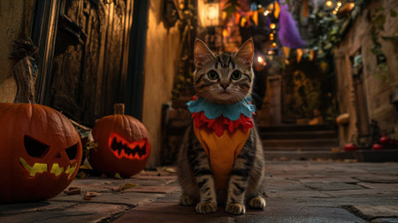 A cute cat dressed in a colorful Halloween costume sits among playful pumpkins, creating a charming and festive atmosphere for the autumn season.の素材