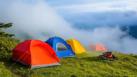 Vibrant tents in red, orange, and yellow stand on a grassy hillside surrounded by mist. A campfire crackles, inviting adventure and relaxation in nature.の素材