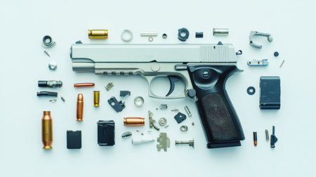 Explore the intricate details of a gun disassembled with various components and ammunition laid out. Ideal for education and technical resources.の素材