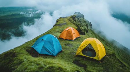 Colorful tents nestled on a grassy ridge surrounded by fog, offering a serene escape into nature. Perfect for adventure seekers and outdoor lovers.の素材