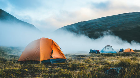 A serene camping scene featuring colorful tents set against misty hills. The tranquil atmosphere invites adventure and relaxation in nature.の素材