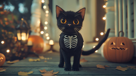 A charming black cat dons a playful skeleton costume amidst festive pumpkins and autumn leaves, perfectly capturing the Halloween spirit on a cozy porch.の素材