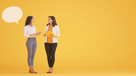 Two smiling women engage in a lively discussion against a bright yellow background, embodying teamwork and creativity in a professional setting.の素材