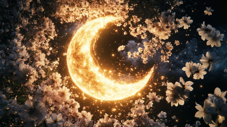 A captivating 3D artwork featuring a glowing half sun surrounded by delicate floral formations. This vibrant piece evokes feelings of beauty and serenity.の素材