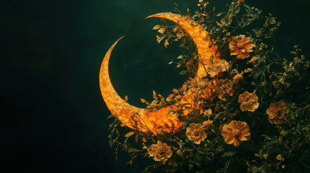 A mesmerizing composition featuring a glowing half sun and half moon intertwined with vibrant floral accents, creating a dreamlike atmosphere in a harmonious backdrop.の素材