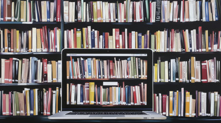A modern laptop screen displays a vibrant collection of bookshelves filled with colorful books, symbolizing knowledge and creativity in a digital workspace.の素材