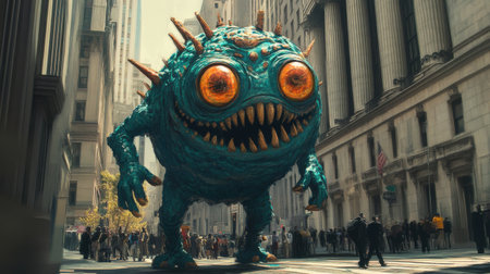 A giant, squishy monster with glowing eyes stands in a cityscape, attracting attention from a diverse crowd. Its vibrant colors and whimsical design create a surreal and playful atmosphere.の素材