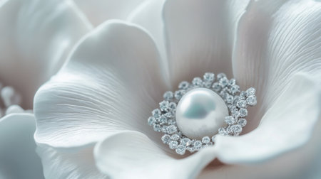 A stunning close-up of an elegant white flower featuring a beautiful pearl and crystal jewelry accent, showcasing the harmony of nature and luxury.の素材