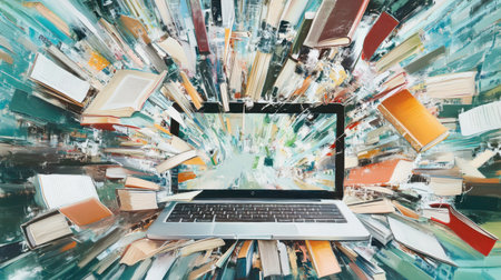 A dynamic visualization of books emerging from a laptop screen, symbolizing the fusion of technology and knowledge. Perfect for illustrating digital learning and creativity.の素材