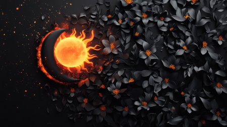 An abstract 3D artwork featuring a glowing half sun surrounded by dark flowers. This striking design combines vibrant colors and textures for a captivating visual experience.の素材