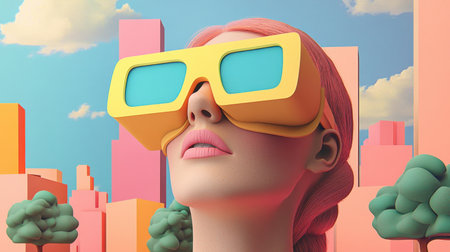 A stylish woman wearing oversized retro glasses gazes at a colorful cityscape. This vivid artwork captures a playful and imaginative vibe in a modern setting.の素材