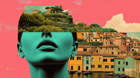 This surreal pop art piece features a striking close-up of a woman blended with a lush landscape and vibrant cityscape, evoking creativity and emotion.の素材