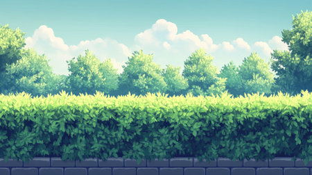 A vibrant cartoon-style illustration of thick green bushes under a bright blue sky, showcasing a tranquil and lush outdoor landscape. Perfect for nature-themed projects.の素材