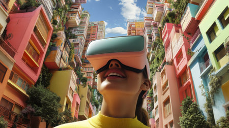 A woman experiences joy while wearing virtual reality glasses amidst a vibrant urban landscape, showcasing the fusion of technology and colorful architecture.の素材