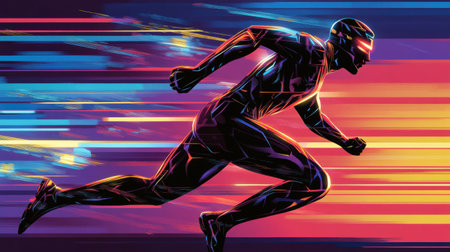 A striking illustration of a futuristic runner in swift motion, showcasing energy and speed through vibrant neon colors and abstract design elements. Perfect for themes of technology and athleticism.の素材