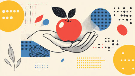 A vibrant illustration celebrating Happy Teachers Day featuring a creative depiction of an apple held in a hand, complemented by colorful abstract elements. Perfect for educational themes.の素材
