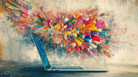 A vibrant explosion of colors emerges from an open laptop, symbolizing creativity and innovation in the digital age. Ideal for tech and art themes.の素材
