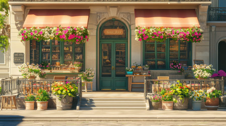 A picturesque view of a Parisian bakery showcasing a flower-laden facade, featuring vibrant blooms, inviting seating, and a charming atmosphere perfect for a leisurely visit.の素材