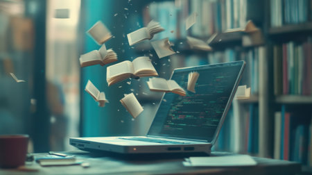 A captivating scene with a laptop displaying code, surrounded by flying digital books. This imaginative design embodies the fusion of technology and literature, inspiring creativity and innovation.の素材