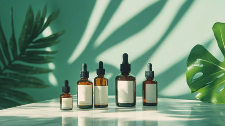 A collection of organic skincare oils in amber bottles, elegantly displayed against a lush green background, illuminated by soft natural light and playful shadows.の素材
