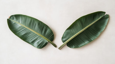 Two large green leaves are arranged symmetrically on a neutral background, highlighting their vibrant textures and forms for a fresh, natural aesthetic.の素材