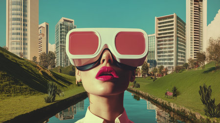 A modern woman wearing oversized virtual reality glasses stands in a vibrant urban landscape, reflecting a fusion of technology and nature, embodying the future of exploration.の素材