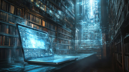 An imaginative scene featuring a laptop with its screen transforming into a vibrant digital library, symbolizing the fusion of technology and knowledge.の素材
