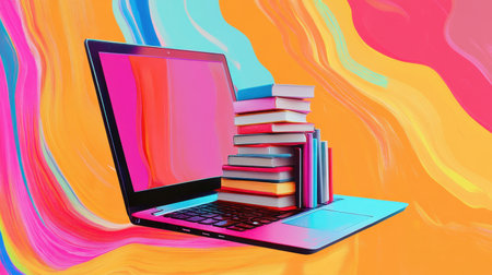 A vibrant laptop displays a colorful screen while stacked books rest atop it, combining technology and education in a visually appealing design.の素材