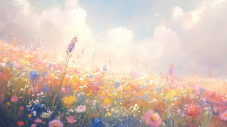 A serene watercolor scene depicting a vibrant field of wildflowers in full bloom under a bright sky. Ideal for nature and art-themed projects.の素材