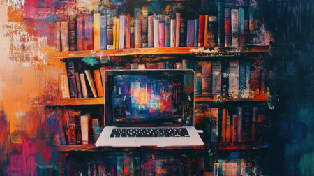 A vibrant image of a laptop positioned in front of a colorful bookshelf. This artwork symbolizes the fusion of technology and literature, showcasing a modern workspace filled with creativity and inspiration.の素材