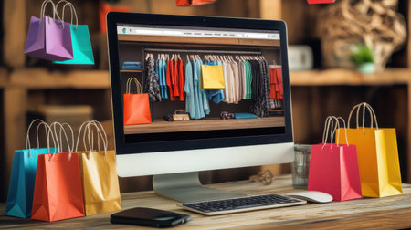 A desktop computer displays a vibrant online fashion shop, with colorful shopping bags surrounding it, creating a modern shopping experience in a stylish workspace.の素材